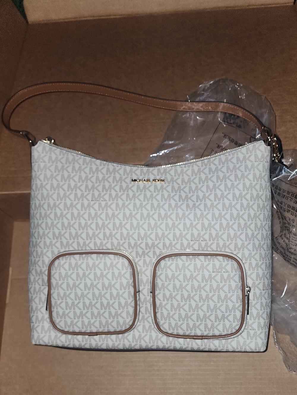 Michael Kors Cream MK Logo Shoulder Bag with Tan Trim